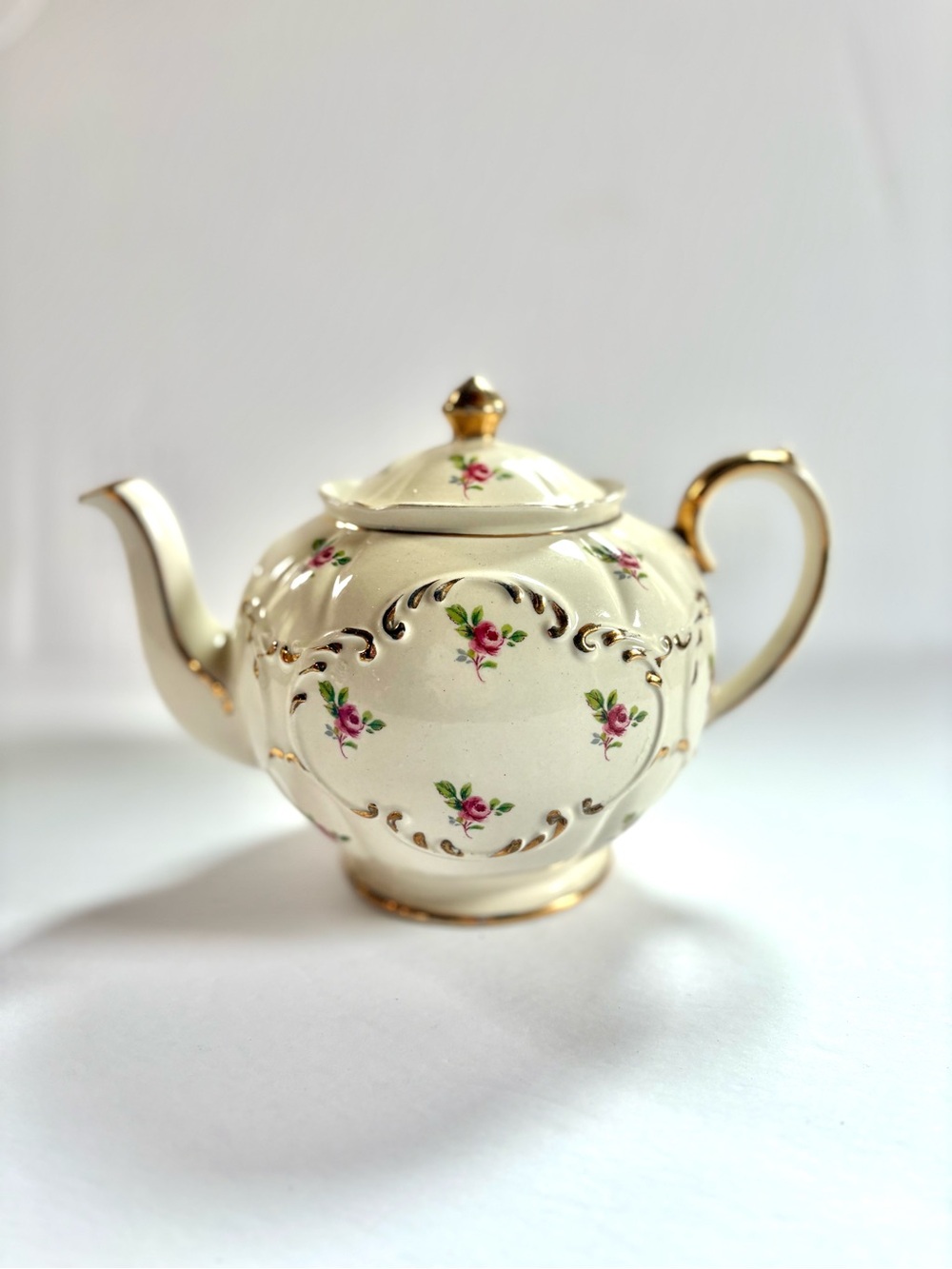 RARE Antique Sadler Cream Floral Teapot with Pink Rose Accents Made in England